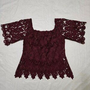 Astars Top Womens XS Burgundy Lace Lined Off Shoulder Floral Stretch Coquette